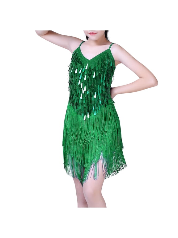 Dresses for Girls, Girl's Tassel Sequin Cami Dress Spaghetti Strap Sleeveless Round Neck Dance Performance Summer Outfits Green 5 Years