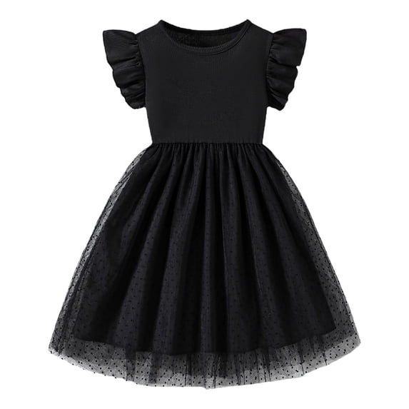 Zpanxa Dresses for Girls, Girls' Fashion Star Print Mesh Puff Skirt Short Sleeve Round Neck Dress Black 4-5 Years