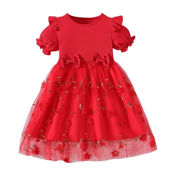 Zpanxa Dresses for Girls, Girls' Fashion Star Print Mesh Puff Skirt Short Sleeve Round Neck Dress Red 7-8 Years