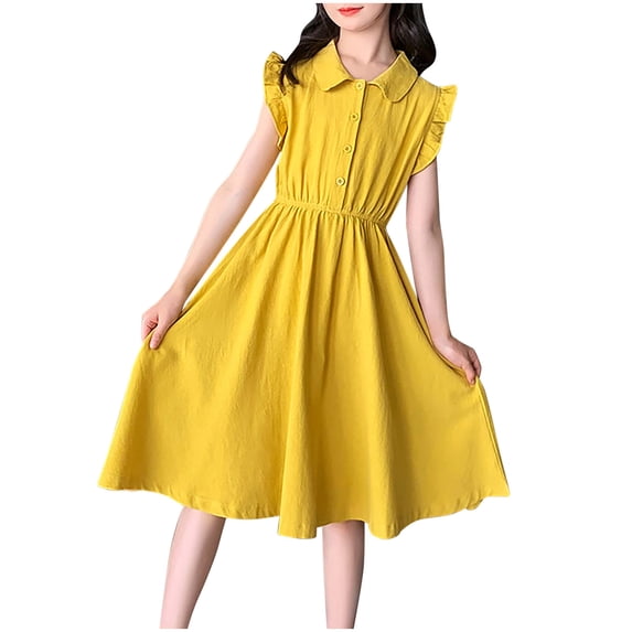 Zpanxa Dresses for Girls, Girls' Solid Color Fly Sleeve Waist Button Princess Dress Sleeveless Lapel Dress Yellow 14-15 Years