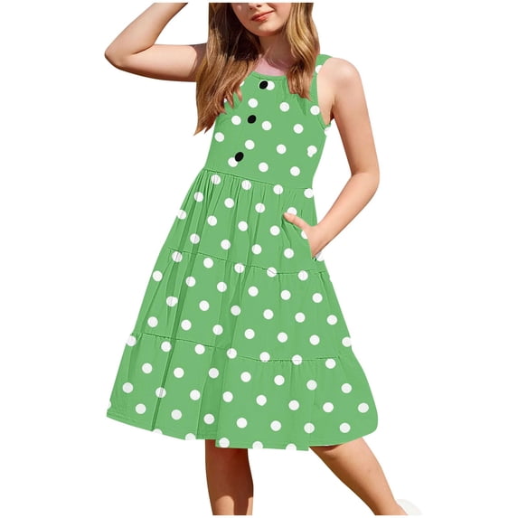 Zpanxa Dresses for Girls, Girls' Summer Casual Sleeveless Round Neck Button with Pockets Dress Green 6 Years