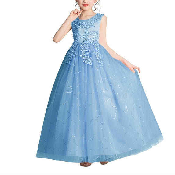 Zpanxa Dresses for Girls, Girls' Summer Short Sleeve Ruffled Lace Round-Neck Embroidery Mesh Princess Bow Skirt Sky Blue 7 Years