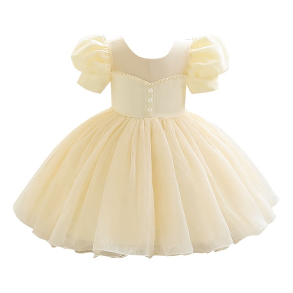 Zpanxa Dresses for Girls, Girls' Summer Solid Color Short Sleeve Round-Neck Mesh Princess Dress Yellow 2 Years
