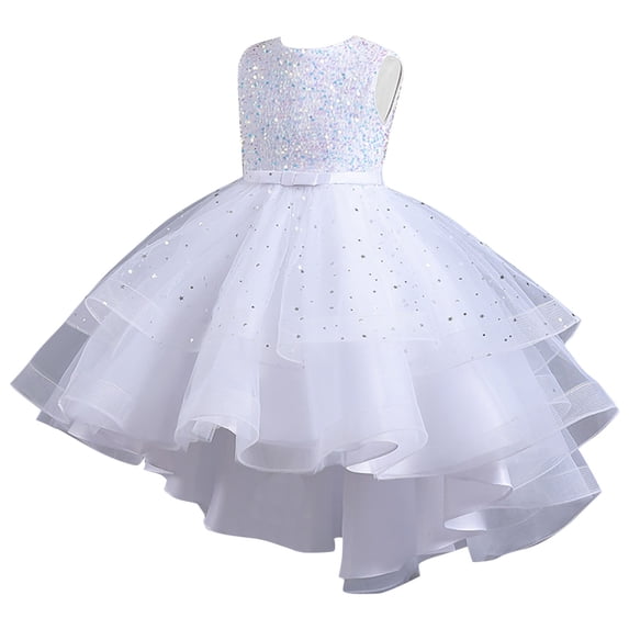 Zpanxa Dresses for Girls, Girls' Summer Solid Color Sleeveless Round-Neck Mesh Princess Dress White 4 Years