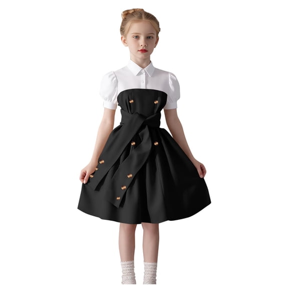 Zpanxa Dresses for Girls, Kid's Lapel Casual Dress Solid Short Sleeve Relax Fit Mid Big Girls Dresses Black 8 Years
