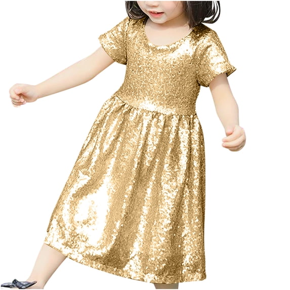 Zpanxa Dresses for Girls, Kids Fashion Solid Color Sequin Zipper Short Sleev Round Neck Dress Gold 7-8 Years