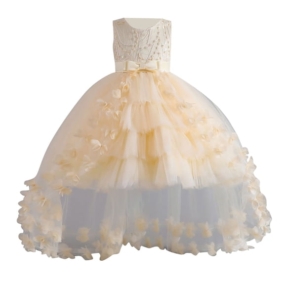 Zpanxa Dresses for Girls, Kids Summer Short Sleeve Ruffleded Lace Round-Neck Embroidery Mesh Princess Bow Skirt Beige 4 Years