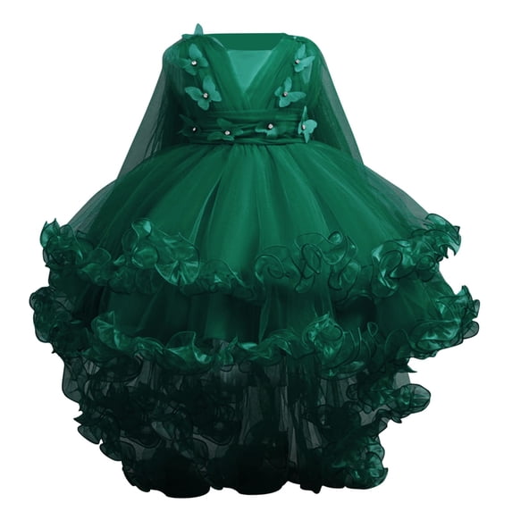 Zpanxa Dresses for Girls, Kids Summer Short Sleeve Ruffleded Lace Round-Neck Embroidery Mesh Princess Bow Skirt Green 2 Years