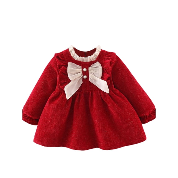 Zpanxa Dresses for Girls, Spring and Aut-umn Two-button Long-sleev Dress Small Frag-rance Dress Red 1 Years