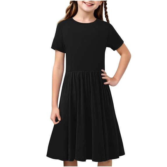 Zpanxa Dresses for Girls, Toddler Kids Cute Solid Color Print Short Sleeve Stretchy Dress A Line Dress Black 13 Years