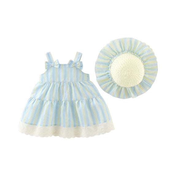 Zpanxa Dresses for Girls, Toddler Kids Fashion Cute Sleeveless Sweet Stripe Print Lace Dress Blue 6 Months