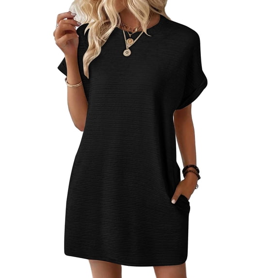 Zpanxa Elegant Dress Women Casual Short Sleeve Round Neck Loose Fit Everyday Office Wear Flowy Comfort Dress