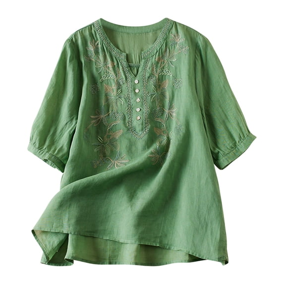 Zpanxa Embroidered Linen Top for Women V-Neck Short Sleeve Solid Color Loose Fit Slimming Thin Blouse Spring Summer Casual Tee