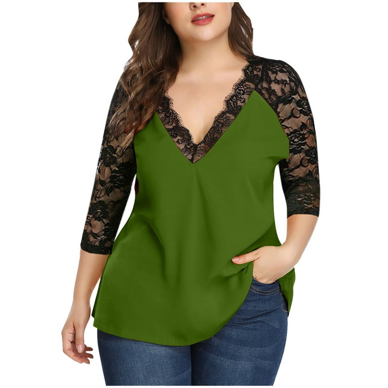 Zpanxa Fall Tops Blouse Savings Clearance! Plus Size Women Casual Long  Sleeve Solid Lace V-Neck Splicing T-shirt Net Yarn Tops Army Green 3XL 
