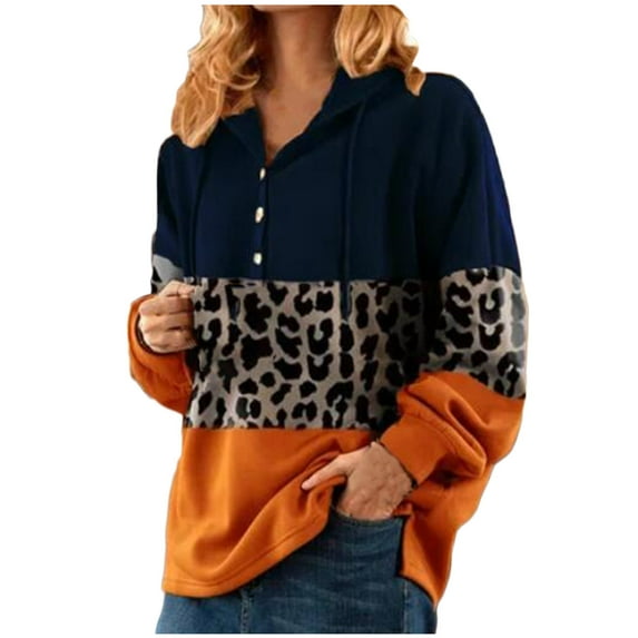 Zpanxa Fall Tops Blouse Savings Clearance! Women Fall Winter Loose Color Block Leopard V-Neck Buttons Crop Workout Long Sleeve Hoodied Sweatshirt Tops Pullover Blouse Blue L