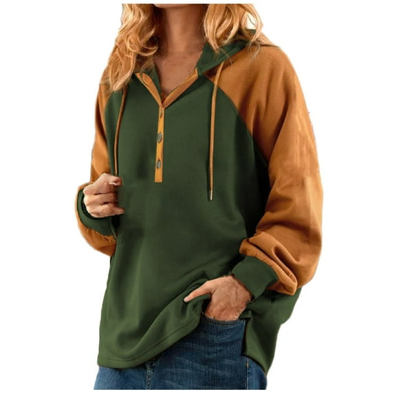 Zpanxa Women Fall Winter Loose Color Block V-Neck Buttons Crop Workout Long Sleeve Hoodied Sweatshirt Tops Pullover Blouse Green M