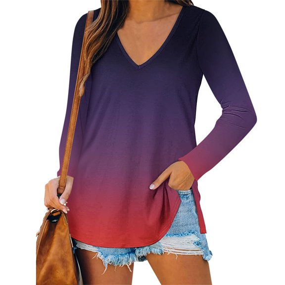 Zpanxa Women Long Sleeves Shirts V-Neck Loose Fit Fall Tunic Top Women Fall Tops Purple S