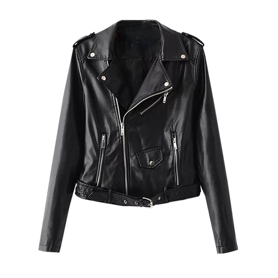 Zpanxa Faux Leather Jacket Women Short Motorcycle Zip Up Slim Fit Casual Coat with Belt and Pockets Black S