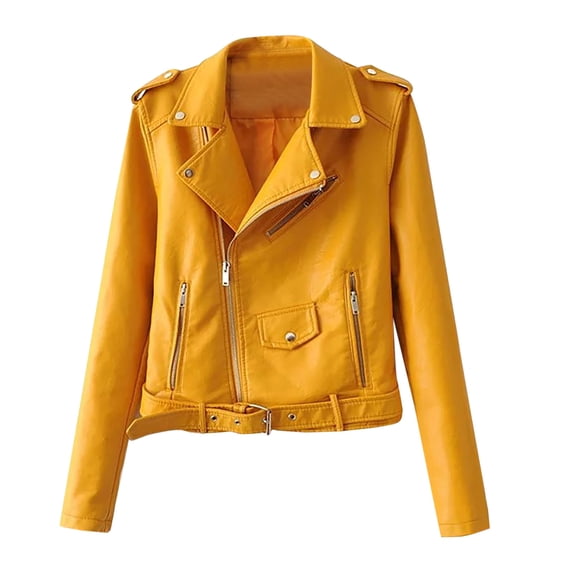 Zpanxa Faux Leather Jacket Women Short Motorcycle Zip Up Slim Fit Casual Coat with Belt and Pockets Yellow L