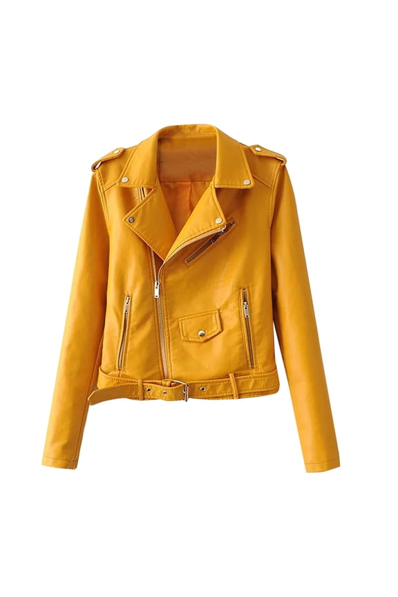 Faux Leather Jacket Women Short Motorcycle Zip Up Slim Fit Casual Coat with Belt and Pockets Yellow M