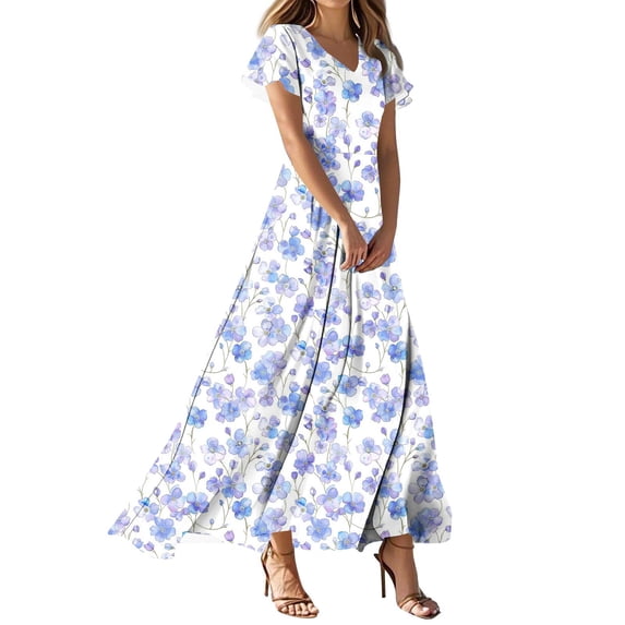 Zpanxa Flared Sundress Women Floral Print V Neck Short Sleeve Ruffle Hem Wrap Waist Beach Maxi Summer Dress