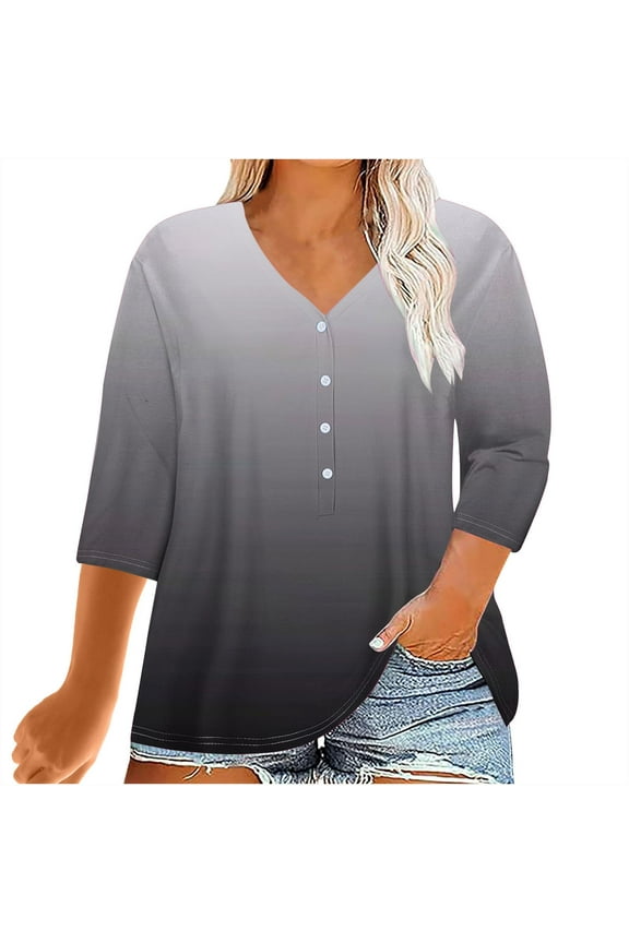 Flattering 3/4 Sleeve V-Neck Top for Plus Size Women Printed Fixed Button Tee Loose Casual Blouse Cover Up Summer Relaxed Fit Tunic