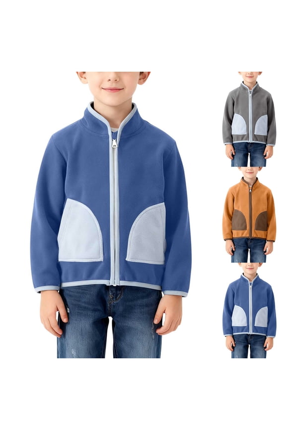 Fleece Jacket Boys Kids Contrast Patch Stand Collar Color Block Fleece Zip Liner Jacket Boys Spring Fall Warm Inner Coat