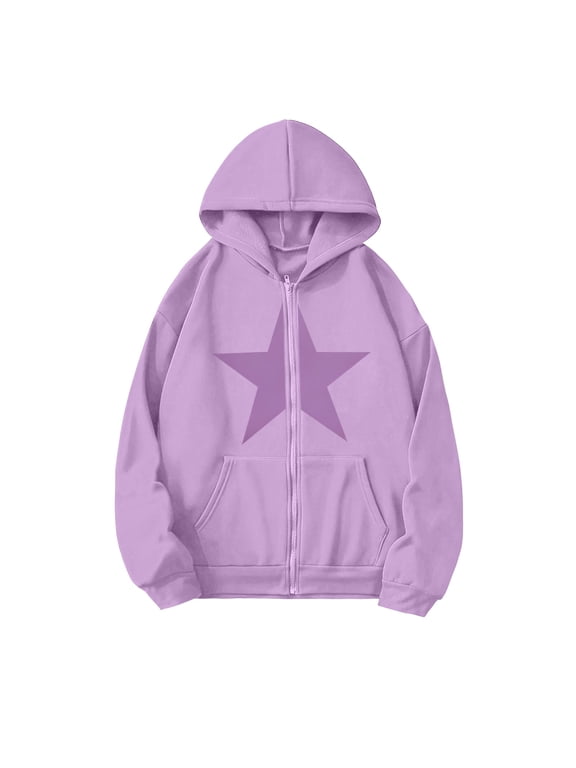 Fleece Jacket Kids Hooded Zip Up Sweatshirt with Star Print Lined Casual Outerwear