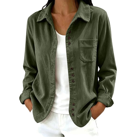 Zpanxa Fleece Jacket Women Corduroy Button Front Long Sleeve Shirt Jacket Loose Fit Solid Color Casual Lightweight with Pockets Fall Outerwear