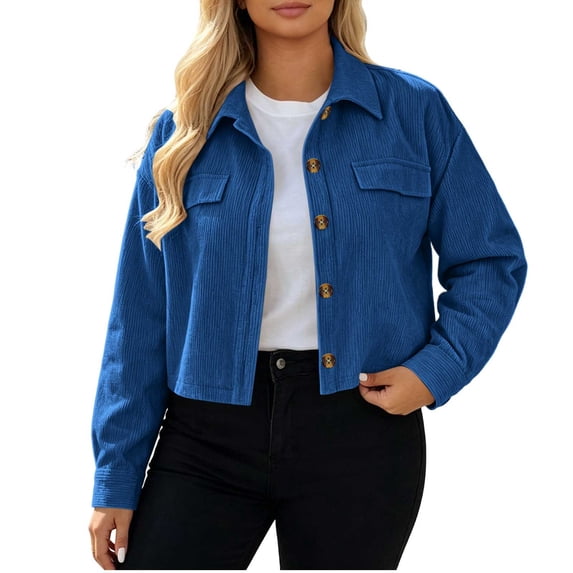 Zpanxa Fleece Jacket Women Corduroy Cropped Button Down Shacket Jacket Long Sleeve Solid Color Casual Lightweight Fall Outerwear with Pockets