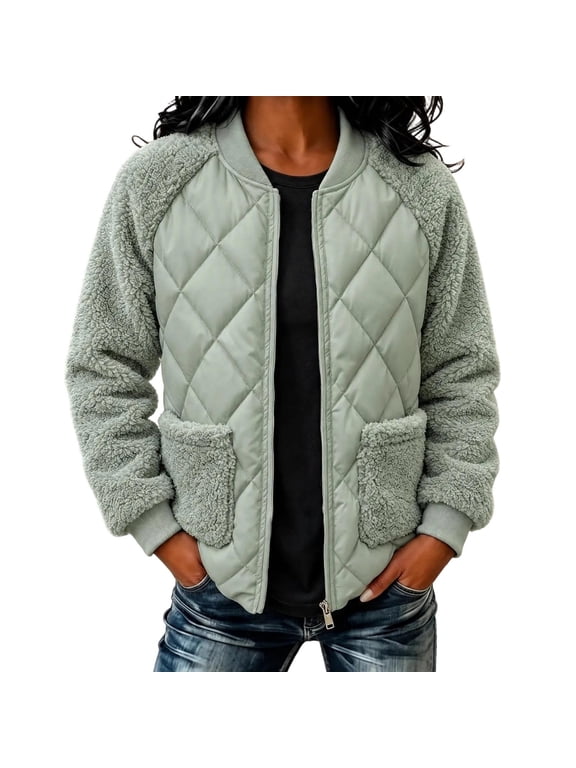 Fleece Jacket Women Quilted Patchwork Zip Up Jacket Short Winter Coat with Pockets