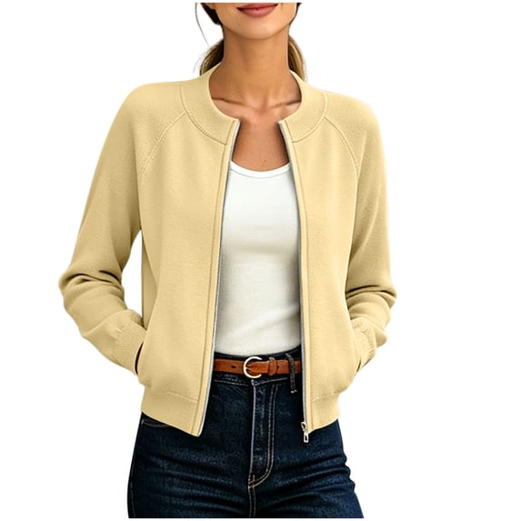 Zpanxa Fleece Jacket Women Zip Up Crew Neck Jacket Ribbed Raglan Long Sleeve Solid Color Lightweight Casual Comfortable Everyday Outerwear
