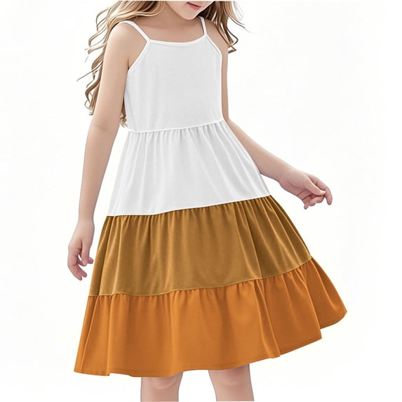 Zpanxa Girl Dress Girl's Boho Tiered Cami Dress Print Spaghetti Strap Sleeveless Casual Dresses Brown 13 Years