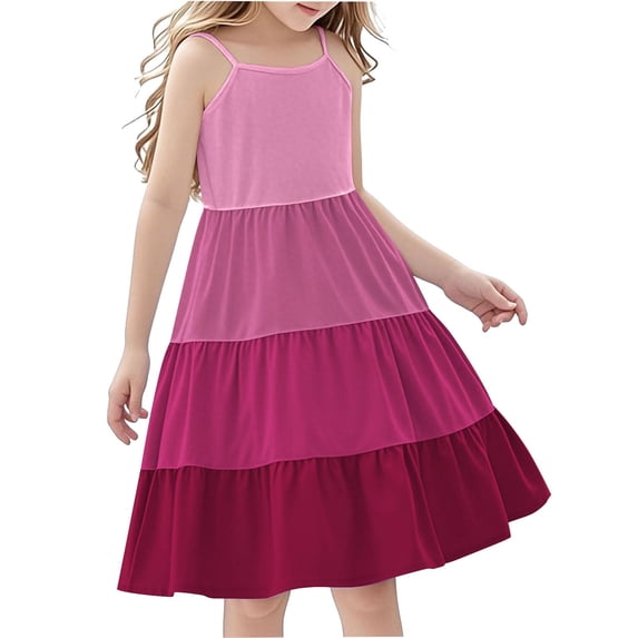 Zpanxa Girl Dress Girl's Boho Tiered Cami Dress Print Spaghetti Strap Sleeveless Casual Dresses Hot Pink 7 Years