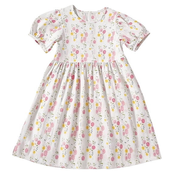 Zpanxa Girl Dress Girl's Daily A-line Dress Floral Ruffle Short Sleeve Round Neck Casual Dresses Pink 7 Years