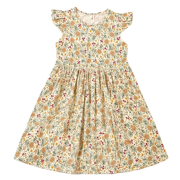 Zpanxa Girl Dress Girl's Daily A-line Dress Floral Ruffle Short Sleeve Round Neck Casual Dresses Yellow 4 Years