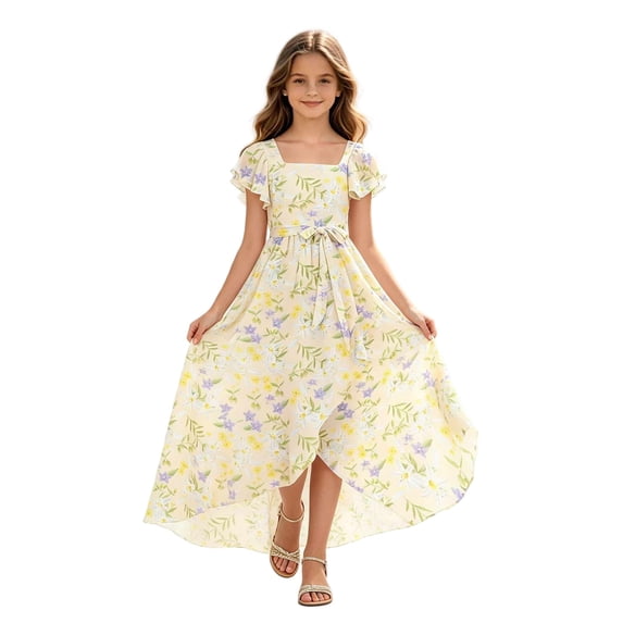 Zpanxa Girl Dress Girl's Flowy Maxi A-line Dress Floral High Low Short Sleeve Round Neck Casual Party Dresses Beige 7 Years
