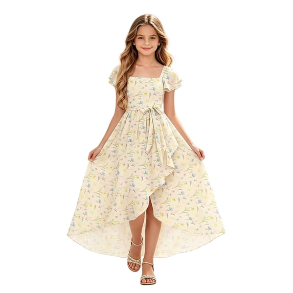 Zpanxa Girl Dress Girl's Flowy Maxi A-line Dress Floral High Low Short Sleeve Round Neck Casual Party Dresses Beige 9 Years