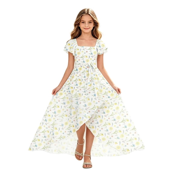 Zpanxa Girl Dress Girl's Flowy Maxi A-line Dress Floral High Low Short Sleeve Round Neck Casual Party Dresses White 7 Years