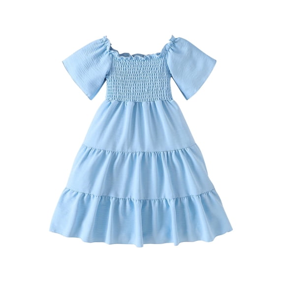 Zpanxa Girl Dress Girl's Twirly Skater Dress Solid Stretch Mix Sleeve Round Neck School Recital Dresses Blue 2 Years