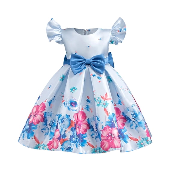 Zpanxa Girl Dress Girls Floral Embroidery Mesh Ruffle Short Sleeve Round Neck Princess Dress Blue 6 Years