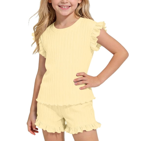 Zpanxa Girl Outfits Sets Girls Peach Ribbed Ruffle Sleeve Top and Shorts Set 2 Piece Summer Casual Outfit
