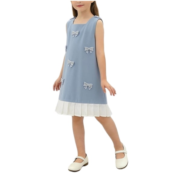 Zpanxa Girl Summer Dress Girl's Comfort Split Skirt Dress Solid Sleeveless Round Neck Casual Dresses Blue 18-24 Months