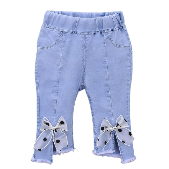 Zpanxa Girl's Capris Girls Summer Sweet Denim Flare Capri Pants Side Pearl Bow Decor Frayed Hem Princess Style Kids Clothes