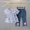 thumbnail image 1 of Zpanxa Girls 2 Piece Denim Pants Set Short Sleeve Peter Pan Collar Tops with Matching Relaxed Fit Long Jeans Floral Print Casual Comfy Outfits for Little Girls Daily Play, 1 of 7