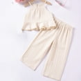 thumbnail image 1 of Zpanxa Girls 2 Piece Long Pants Sets Summer Outfits V Neck Short Sleeve Tops with Matching Wide Leg Pants Casual Wave Print Stripe Pattern Clothes for Little Girls, 1 of 6
