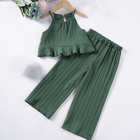 Zpanxa Girls 2 Piece Long Pants Sets Summer Outfits V Neck Short Sleeve Tops with Matching Wide Leg Pants Casual Wave Print Stripe Pattern Clothes for Little Girls