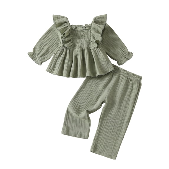 Zpanxa Girls 2 Piece Outfits Blue Smocked Flutter Sleeve Top and Pants Set Ribbed Knit Spring Fall Clothes for Toddler Kids Green 4-5 Years
