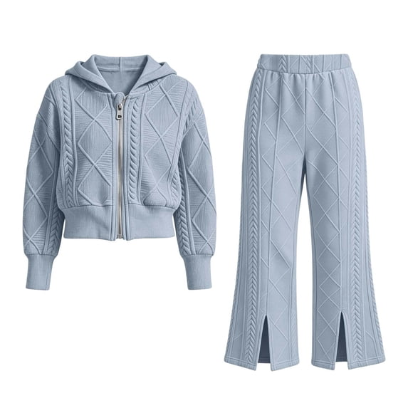 Zpanxa Girls 2 Piece Outfits Pink Knit Zip Hoodie and Split Hem Pants Set Warm Winter Sweater Suit for Kids Gray 13 Years