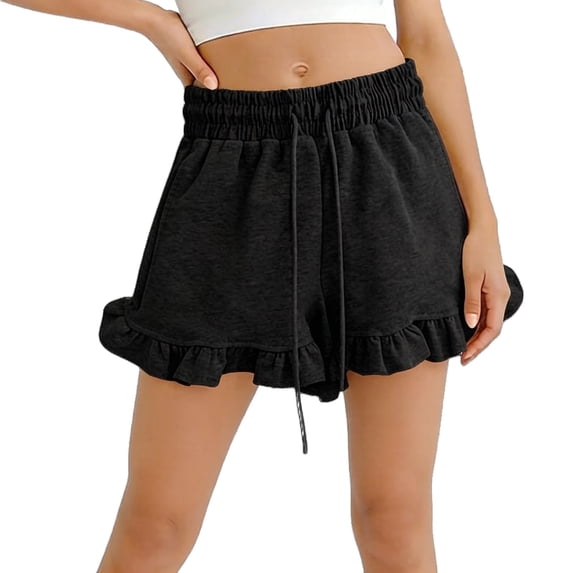 Zpanxa Bermuda Shorts for Girls Summer Cotton Drawstring Elastic Waist Ruffle Hem Casual Shorts Black 11 Years